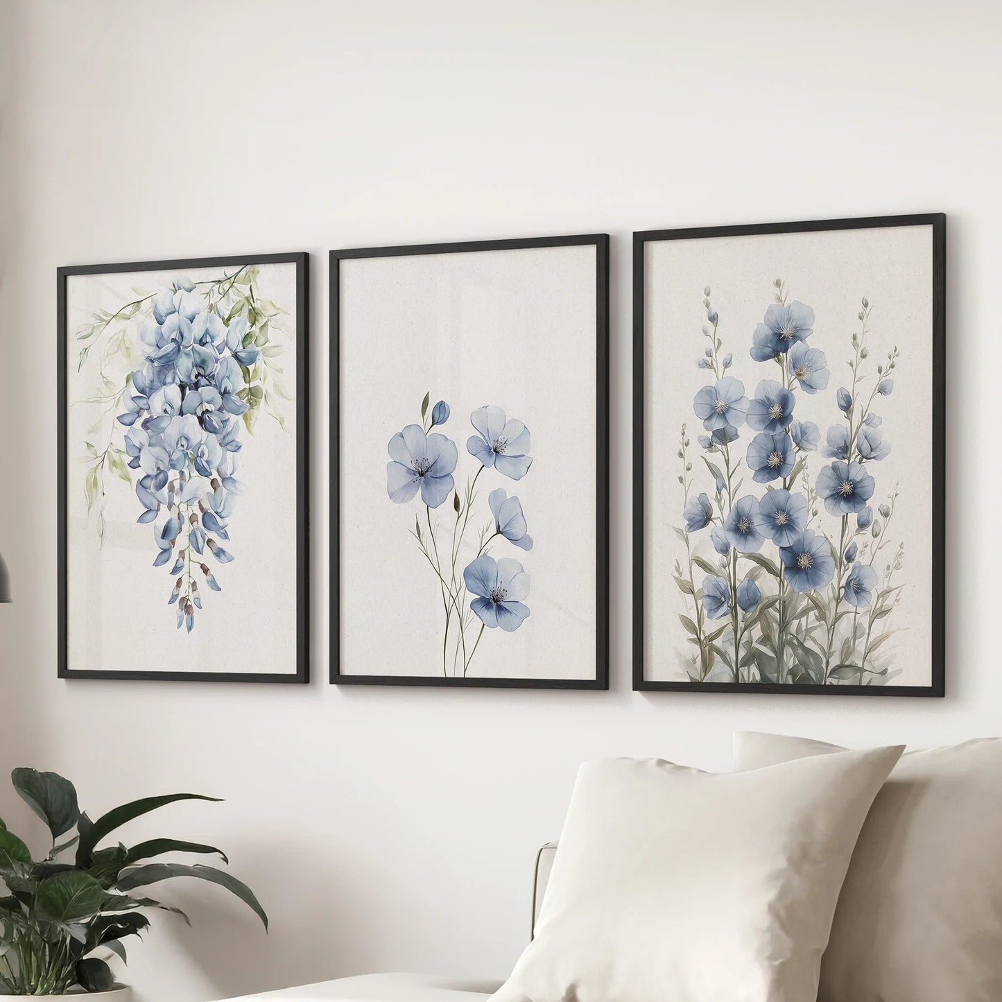 Blue Floral Watercolor Art Set of 3. Elegant Prints