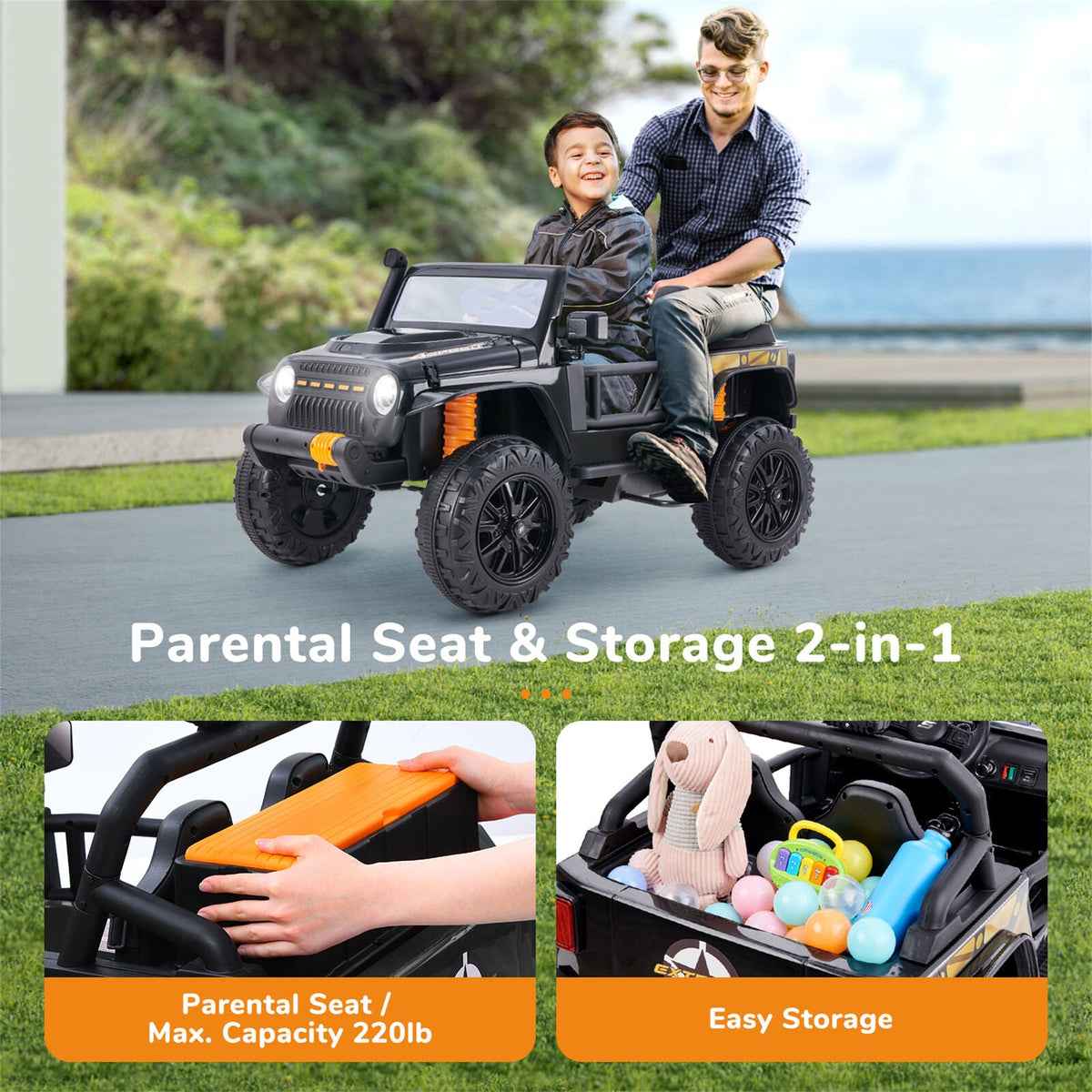 Remote Control Electric Ride-On Truck for Kids with Parent Seat and FM Radio - 12V Power Wheels