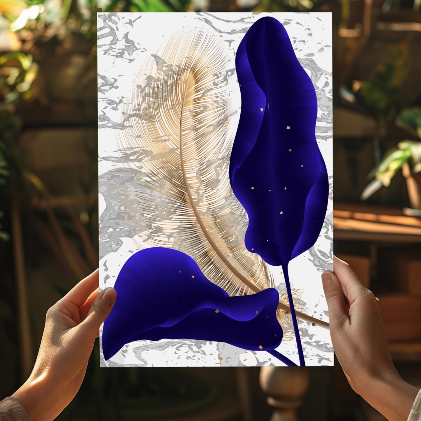 Navy Blue Leaf Design Aluminum Wall Art Print, 16x11 Inches