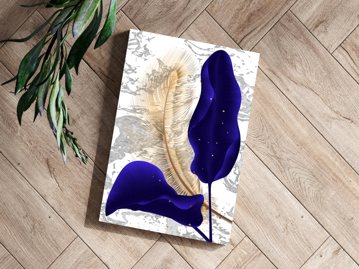Navy Blue Leaf Design Aluminum Wall Art Print, 16x11 Inches