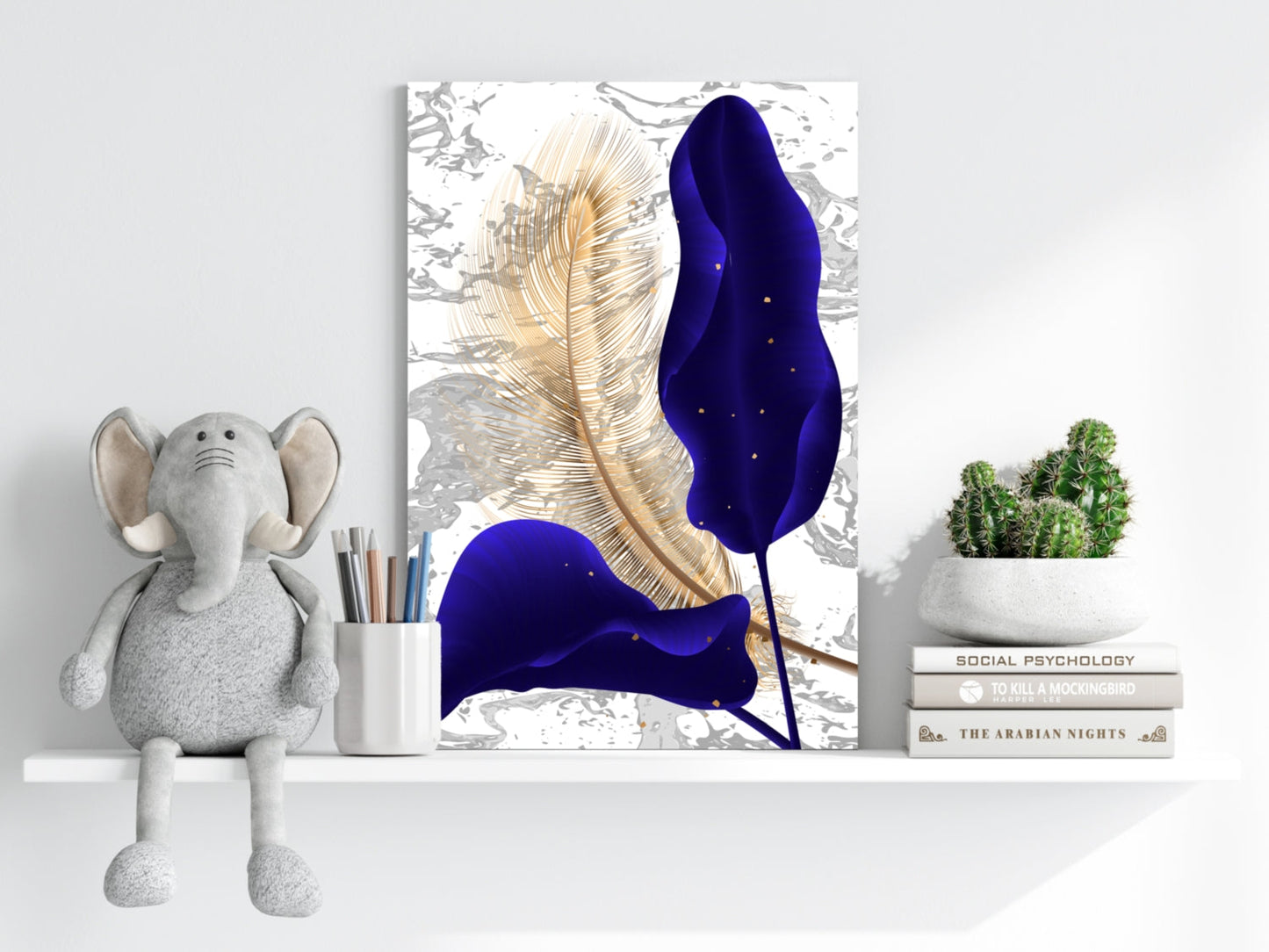 Navy Blue Leaf Design Aluminum Wall Art Print, 16x11 Inches