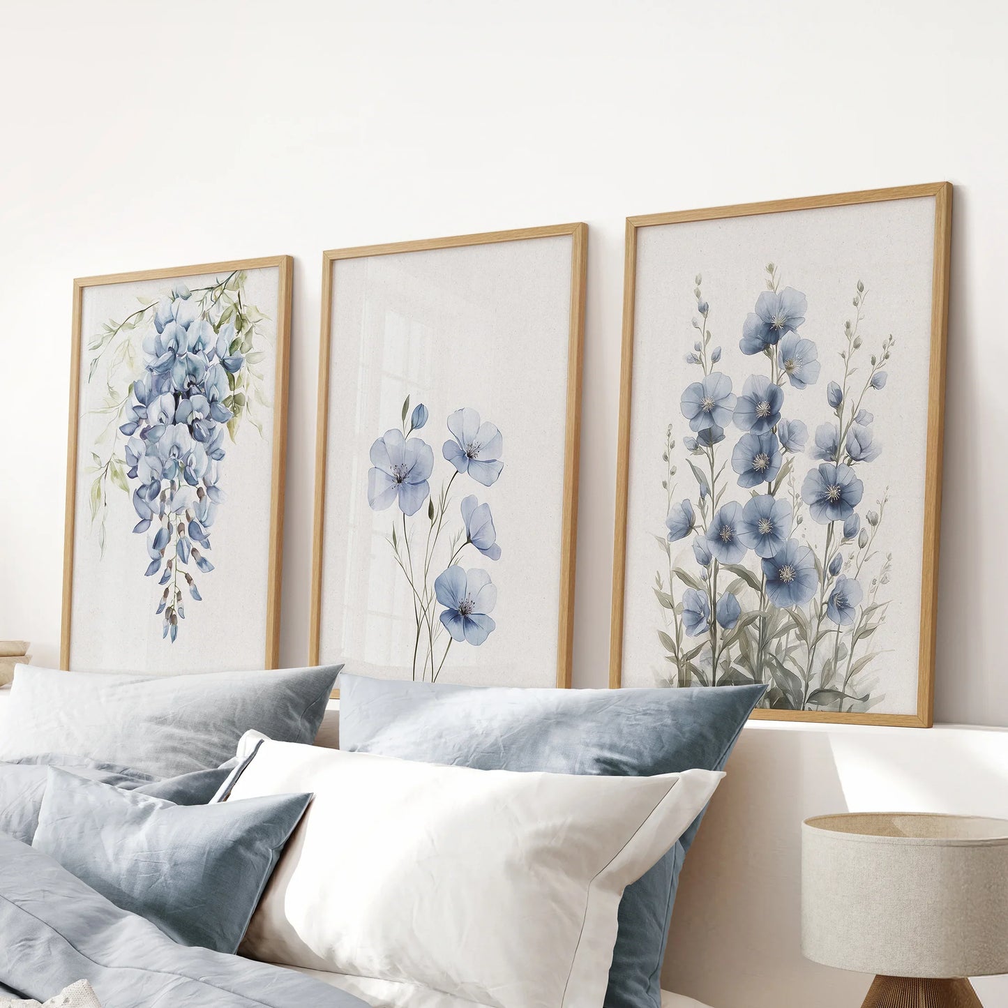 Blue Floral Watercolor Art Set of 3. Elegant Prints