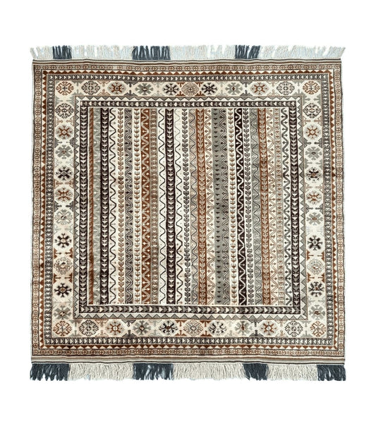 Striped Turkish Anatolian Rug 6x7 Almost Square Shaped Carpet Handmade Vintage Oriental Rug, Living Room Rug, Neutral Colors Cream, Wool Rug
