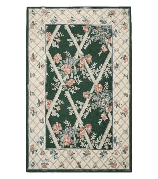 3' 6" X 5' 6" Hand Stitched Indian Wool Rug with Backing Green Beige