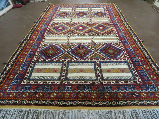 7x11 Moroccan Rug, Vintage Moroccan Carpet, Tribal Rug 7 x 11, Geometric Rug, Diamond Panels, Multicolor, Hand Knotted Wool Rug, Unique Rug