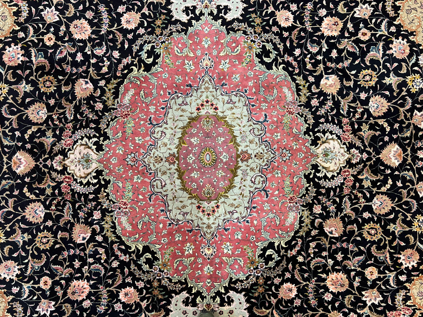 Magnificent Persian Tabriz Rug 11x16, Oversized Persian Carpet 11 x 16 ft, Wool on Silk Finely Hand Knotted, 450 KPSI, Floral Medallion, Black Pink