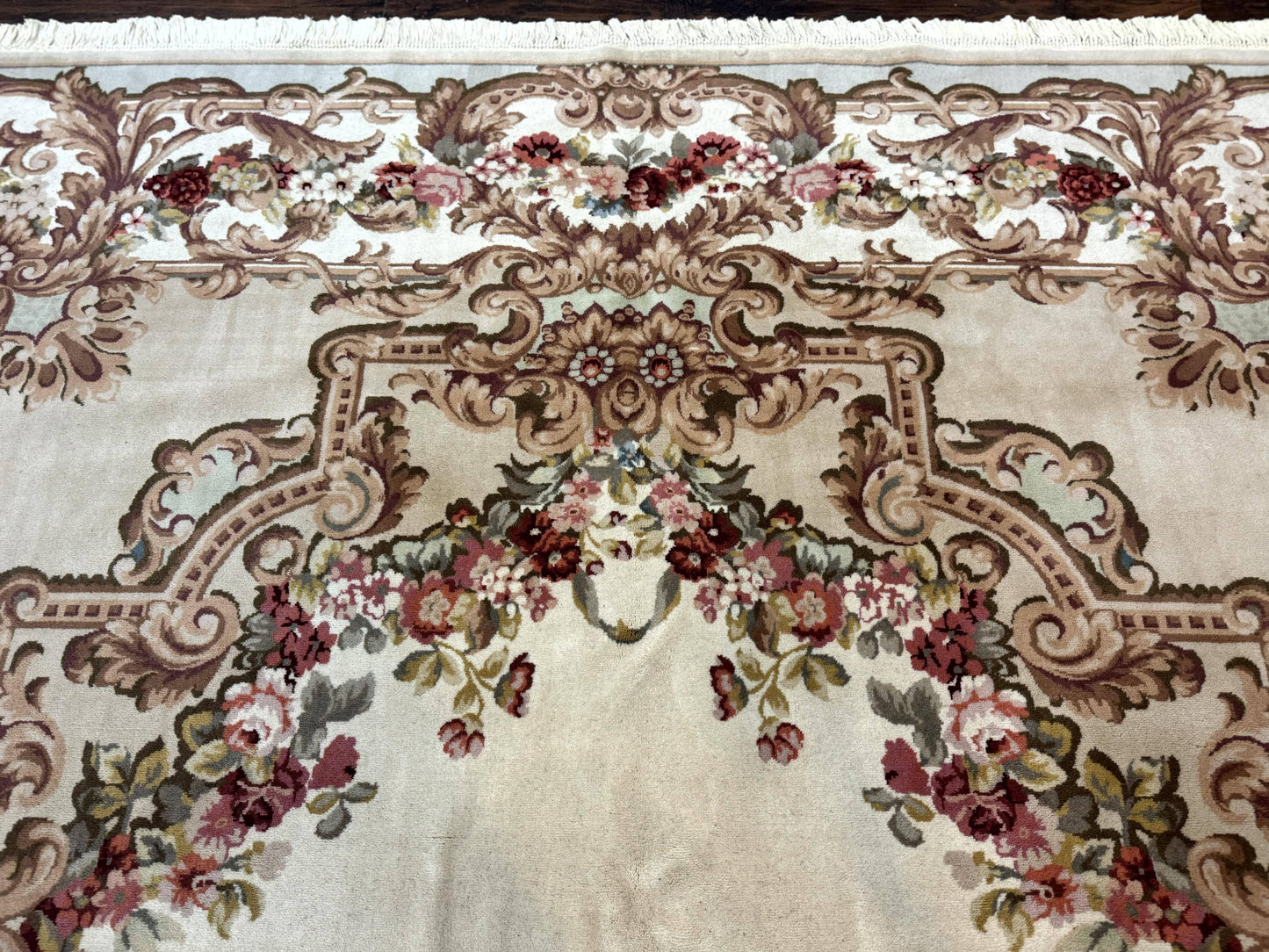 Aubusson Rug 8x12, European French Savonnerie Design, Thick Wool Pile, Elegant Rug, Cream Beige Light Green