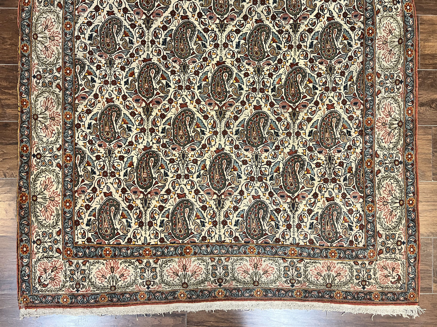 Persian Qum Rug 5x6, Cream Wool Hand Knotted Carpet, Repeated Boteh Paisely Design, Semi Antique Vintage Rug, Very Fine Weave 5 x 6 Rug