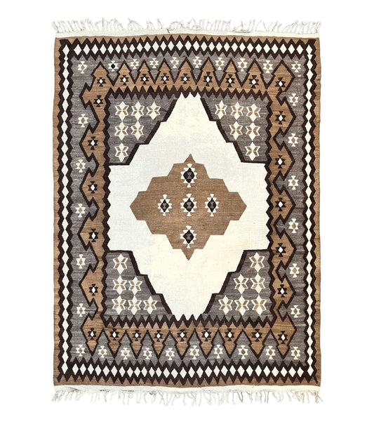 Antique Persian Fars Kilim Rug 8x11, Wool, Boho Tribal Persian Shiraz Flatweave Carpet, Semi Open Field, Geometric, Handmade, Vintage Semi Antique