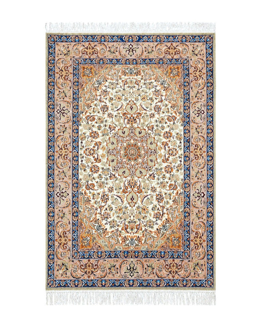 Vintage Persian Isfahan Lachak Toranj Rug, Highly Detailed, Kork Wool on Silk Foundation, Beige and Dark Blue, Hand-Knotted, 3'6" x 5' 4"