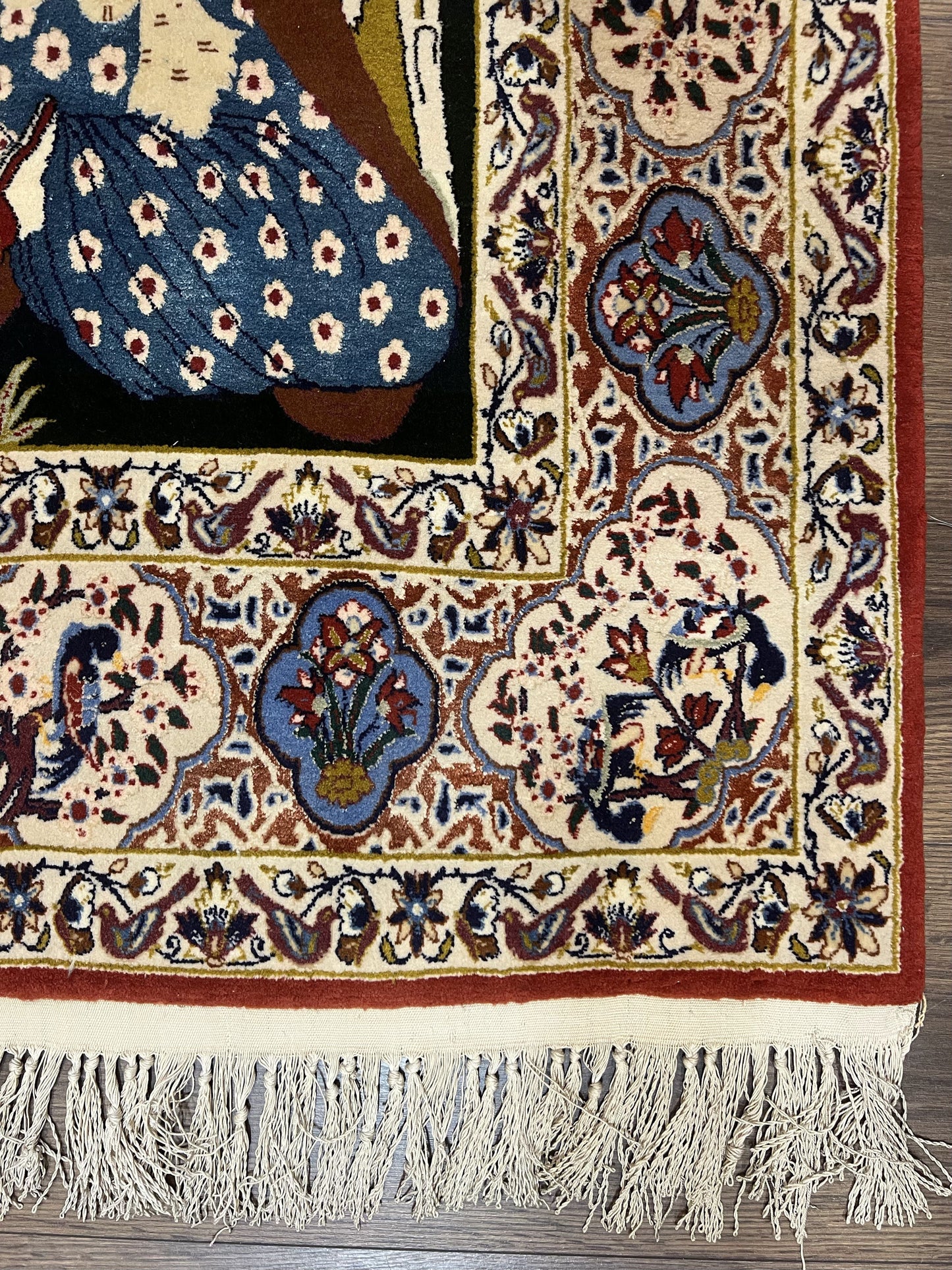 Persian Pictorial Rug 5 x 4 ft, Persian Isfahan Rug, Kork Wool on Silk Foundation, Signature from Master Weaver, Drums and Musical Instruments, Birds, Detailed