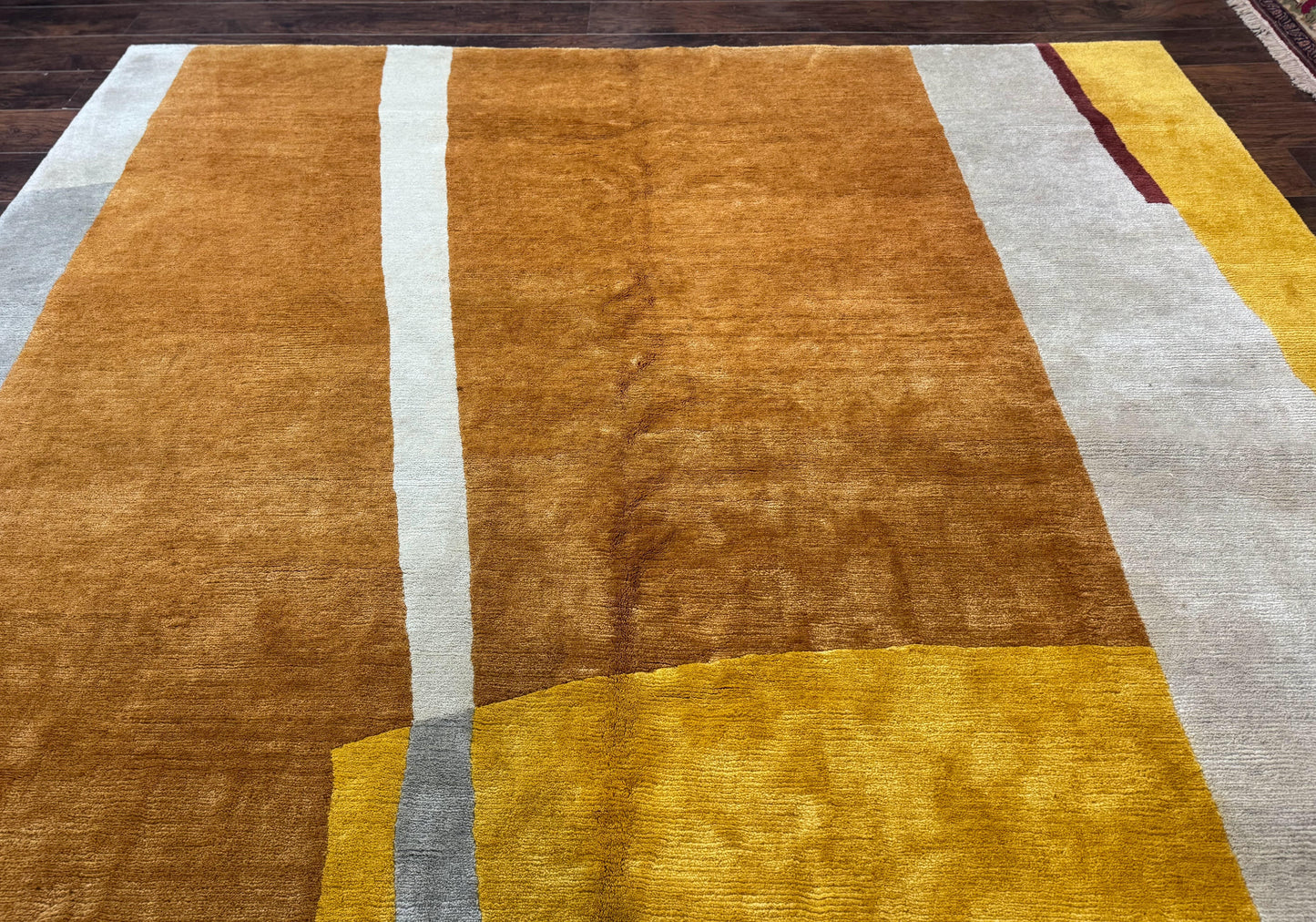Modern Tibetan Rug 9x10, Wool Handmade Tibetan Area Rug, Abstract Multicolor