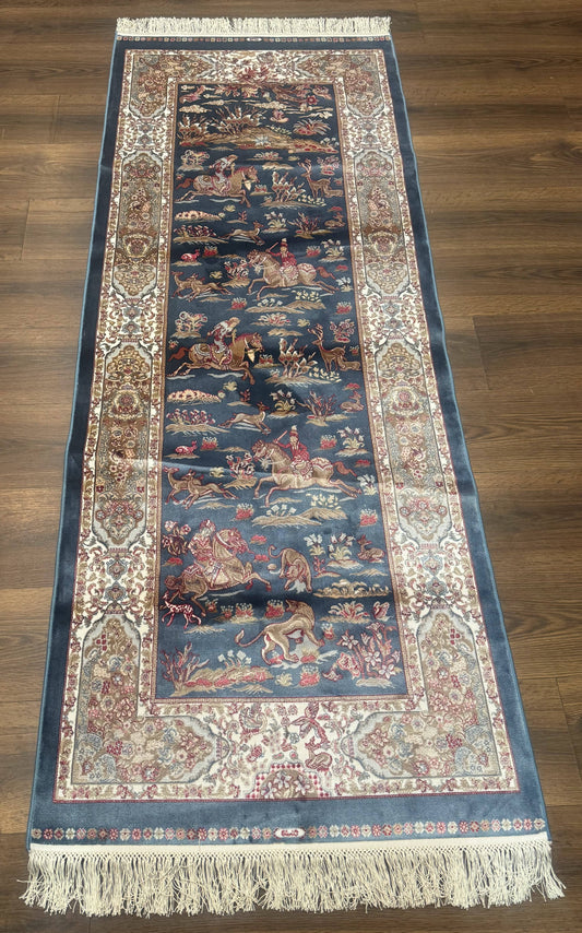 Turkish Silk Rug 2.6 x 6.7, Short Runner Rug, Blue & Ivory, Bamboo Silk, New
