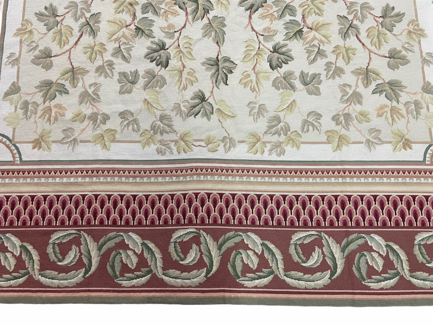 Aubusson Needlepoint Rug 9x12, Flatweave Carpet, Leaves, Wool, New, Handmade