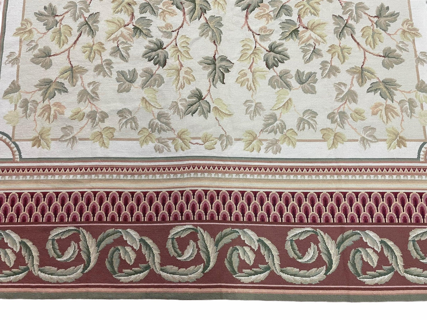 Aubusson Needlepoint Rug 9x12, Flatweave Carpet, Leaves, Wool, New, Handmade