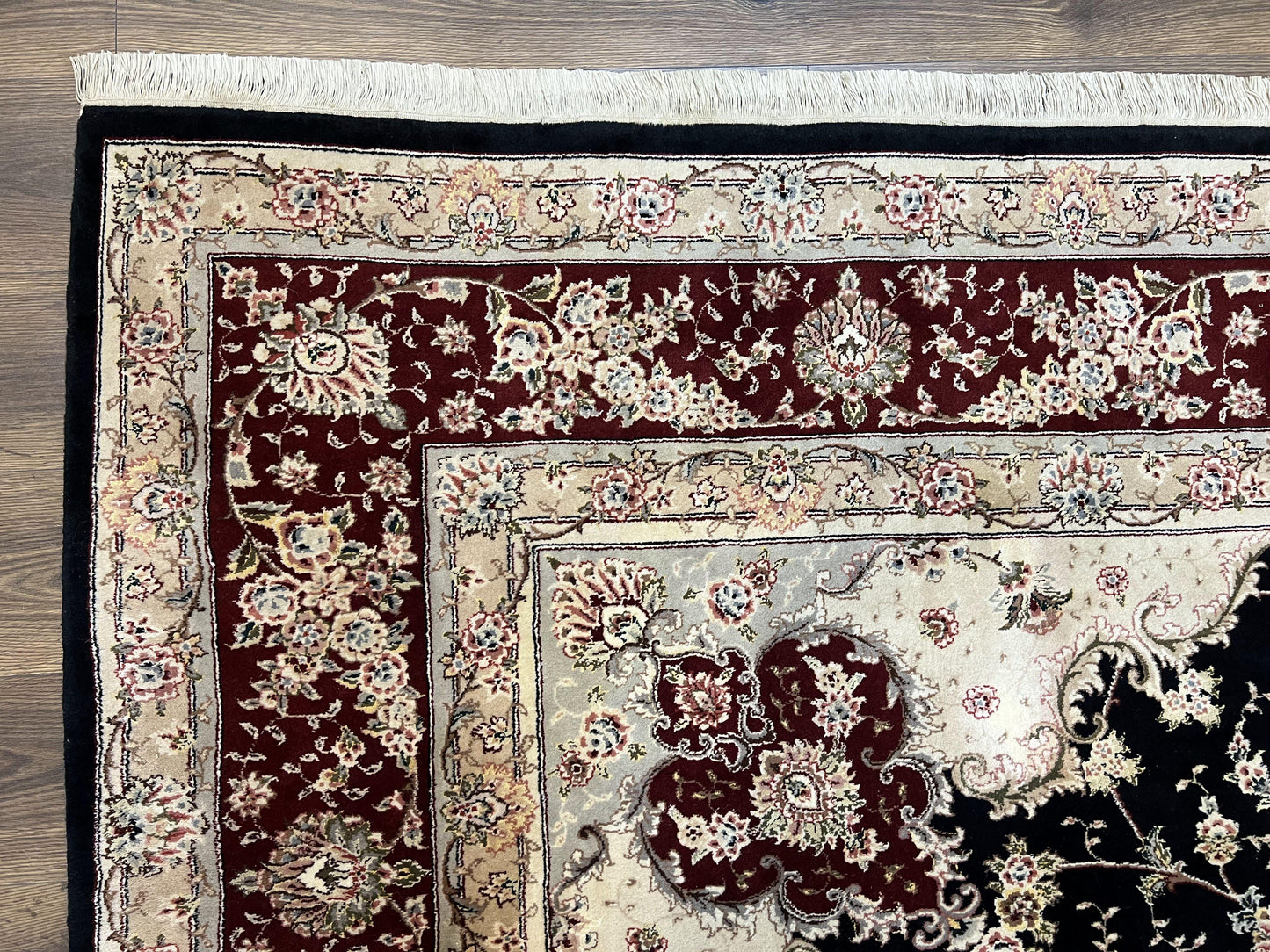 Pak Persian Rug 8.8 x 10.6, Floral Medallion, Wool and Silk Hand Knotted Fine Oriental Carpet, Elegant Rug, Black Gray Burgundy, Room Sized