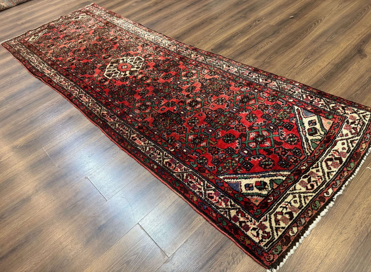 Persian Runner Rug 3x10, Wool Hand Knotted Hallway Rug 3 x 10 ft, Red and Ivory, Hamadan Angelas Runner