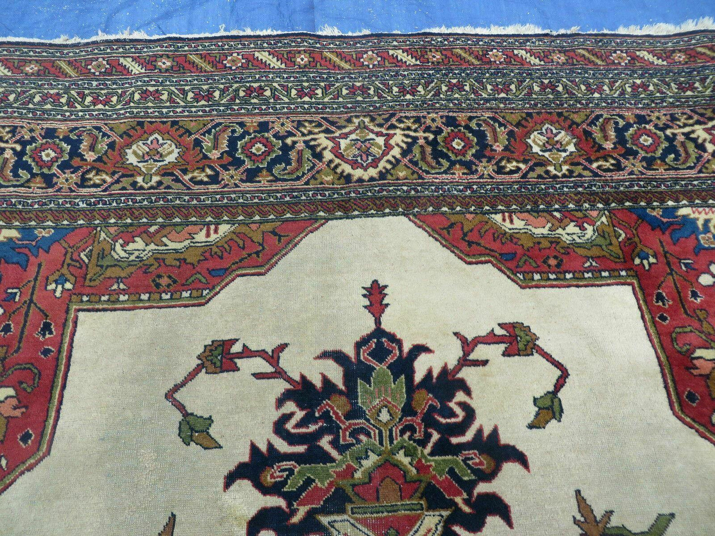 Persian Tabriz Rug 10x13 Oriental Carpet, Ivory Open Field, Geometric Medallion, Red Blue, Hand Knotted, Large Wool Area Rug Vintage Antique 1950s