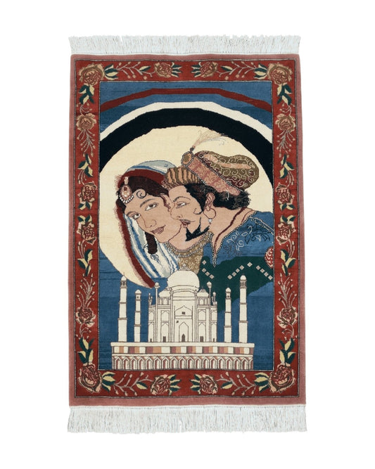 Vintage Small Pictorial Lovers Rug 2.5 x 4, Taj Mahal Indo Persian Rug, Wool Hand-Knotted Indian Rug, King & Queen, Layla and Majnun