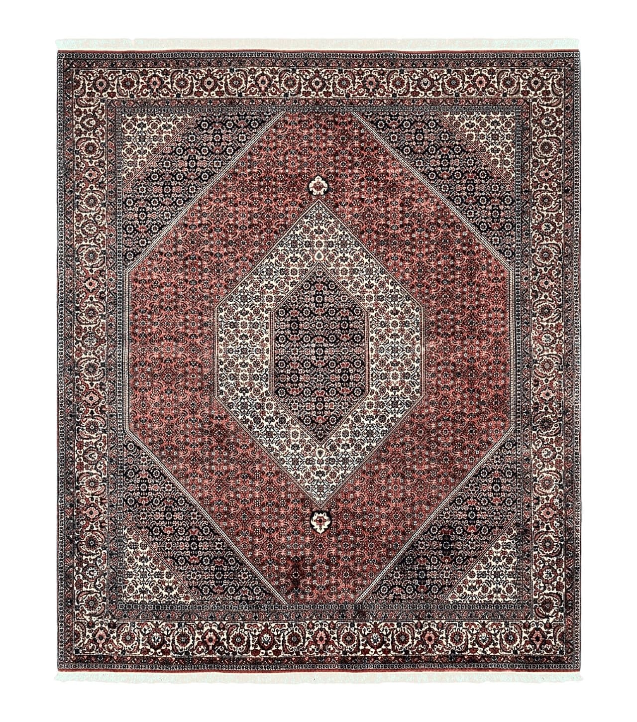 Wonderful Persian Bidjar Rug 7x8 ft, Almost Square Oriental Carpet, Herati Mahi, Highly Detailed, Ivory Red Navy Blue, Very Fine Handmade Bijar Rug