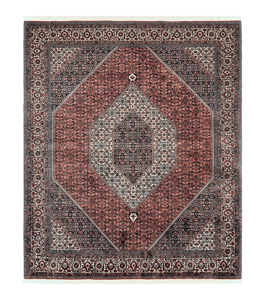 Wonderful Persian Bidjar Rug 7x8 ft, Almost Square Oriental Carpet, Herati Mahi, Highly Detailed, Ivory Red Navy Blue, Very Fine Handmade Bijar Rug