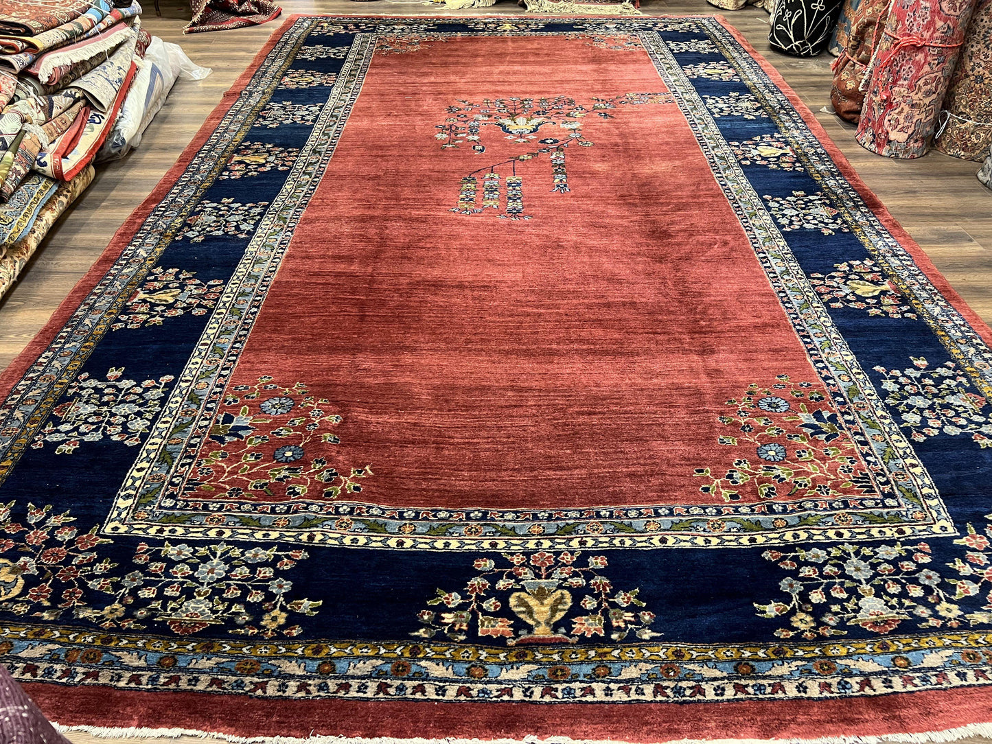 Large Persian Sarouk Rug 10x17, Open Field, Red and Navy Blue, Palace Sized Oversized Hand Knotted Wool Oriental Carpet Flowers Vases Antique 1920s