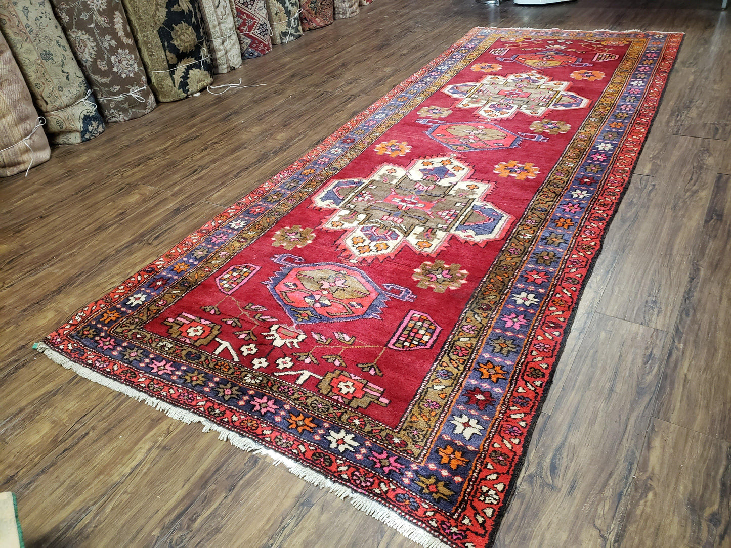 Antique Persian Karajeh Runner Rug 4.4 x 11 ft, Red Colorful Geometric Medallion Runner