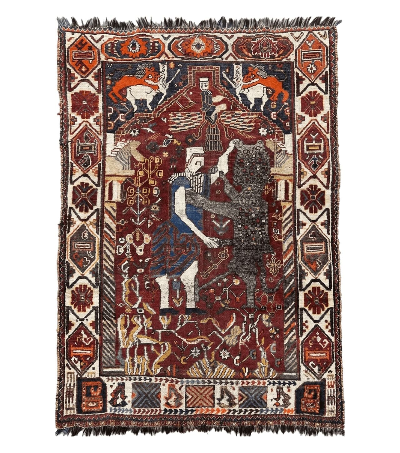 Antique Persian Shiraz Pictorial Rug 3.6 x 5, Persian Tribal Rug, Handmade, Lions, Highly Unique Collectible Small Persian Carpet, Maroon, Wool