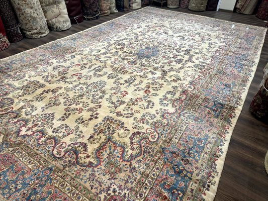 Palace Size Persian Kerman Rug 11x20 ft, Very Fine 340 KPSI, Vintage Oversized Wool Handmade Large Persian Carpet, Beige Light Blue Pink