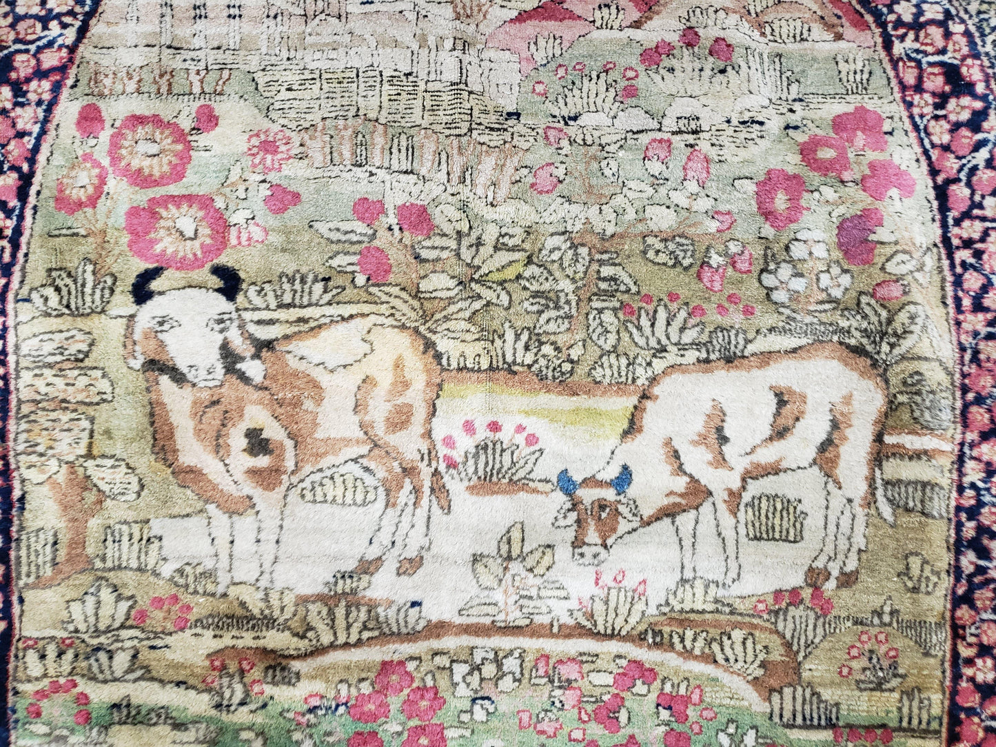 Antique Persian Kerman Lavar Rug 4.4 x 7.5, Highly Collectible Rare, 1880s Rug, Millefleurs, Cows, Wool Hand Knotted, Pictorial