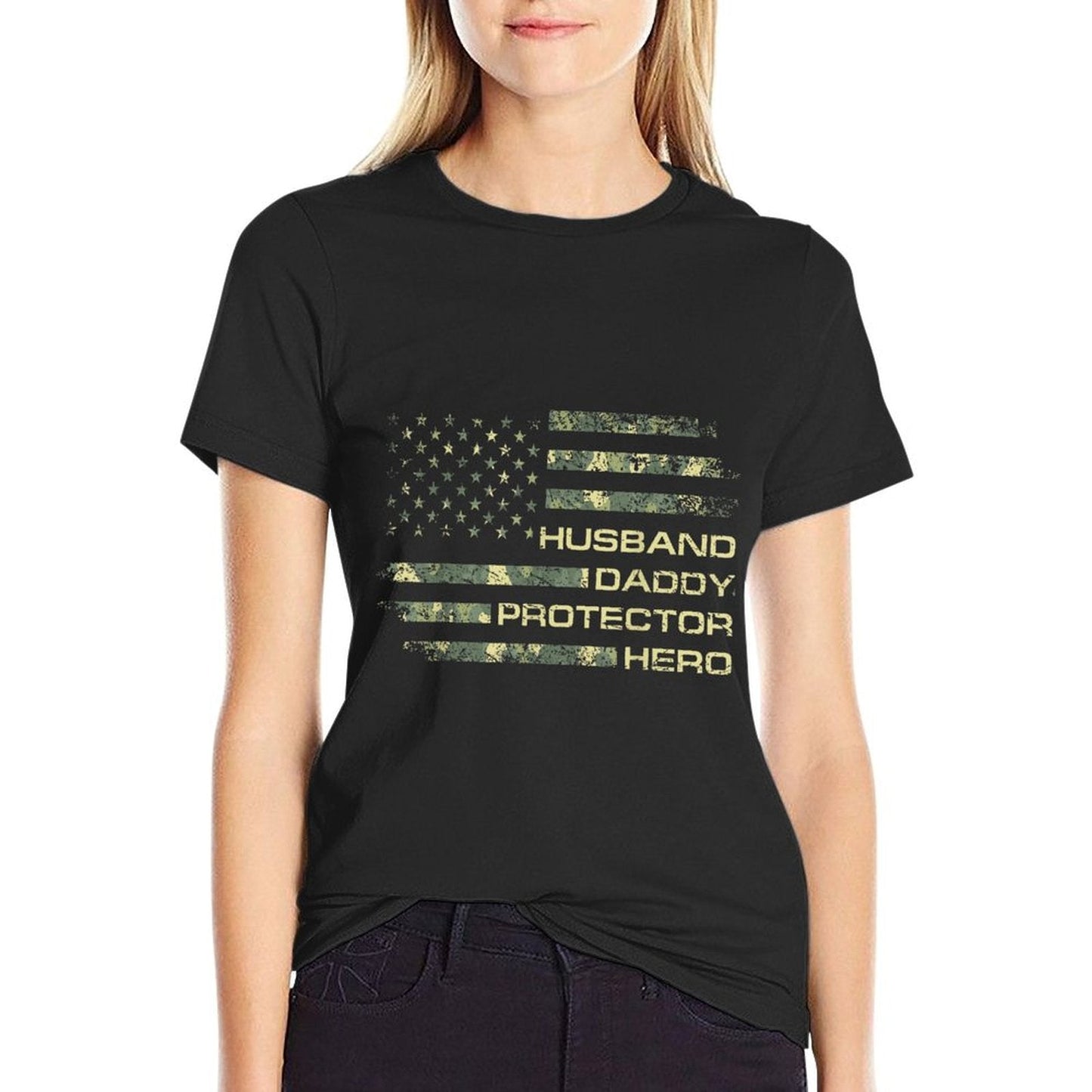 Husband Daddy Protector Hero Fathers Day Camo American Flag T-Shirt
