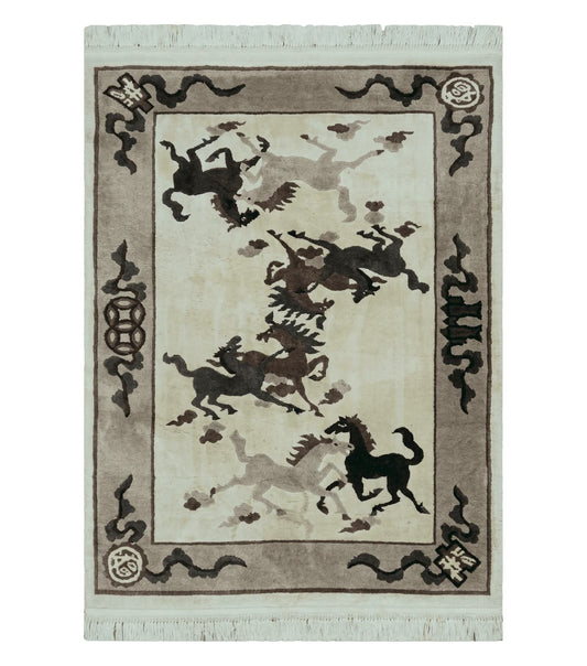 4' X 6' Modern Tibetan Nepal Art Deco Chinese Hand Knotted Wool Rug Horses Nice