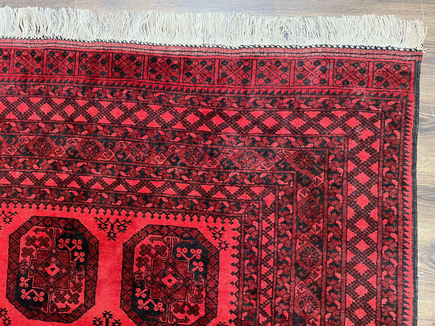 Afghan Turkoman Rug 7x10, Vintage Yamud Beshir Bokhara Carpet, Red and Black Bukhara Hand-Knotted Oriental Wool Handmade Rug, Elephant Foot
