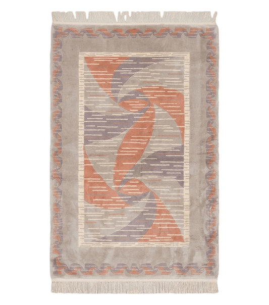 3' X 5' Handmade Modern Chinese Accent Rug - Silk on Cotton Carpet - Abstract Contemporary Design - Beige and Orange