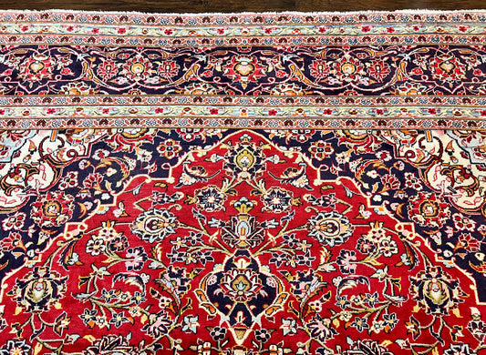 Persian Kashan Rug 10x13, Floral Medallion, Traditional Area Rug, Red Navy Blue Ivory, Handmade Semi Antique Vintage Wool Oriental Carpet 10 x 13