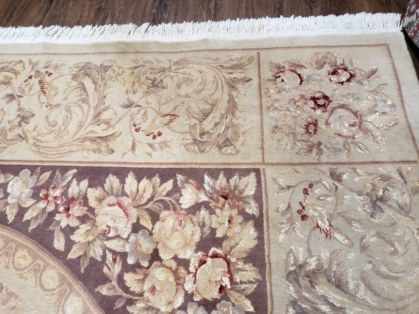 Chinese Aubusson Savonnerie Area Rug 8x12, Vintage 120 Line Carpet, Wool and Silk Hand-Knotted, Birds Flowers Master Weaver Signature