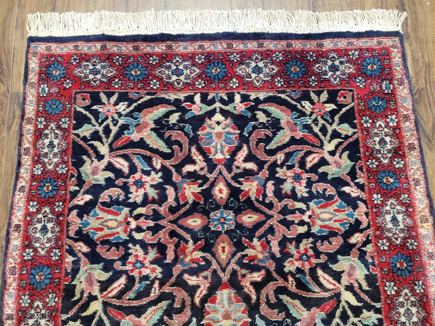Antique Persian Sarouk Rug 3x5, Navy Blue, Allover Pattern, Hand Knotted