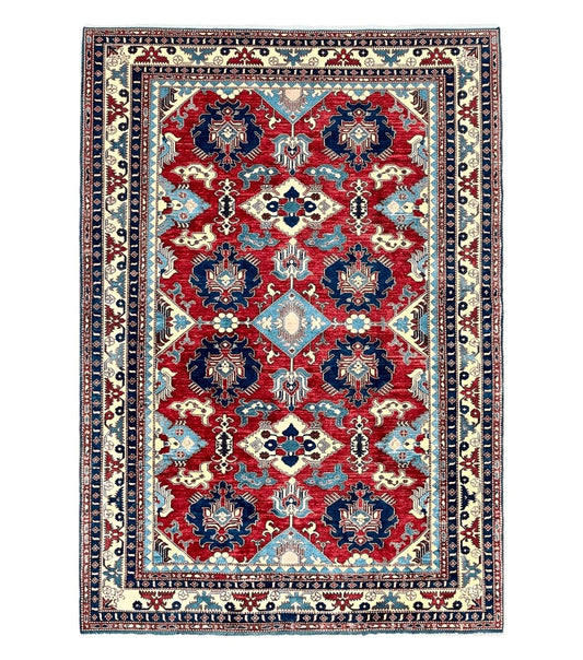 Turkish Heriz Rug 7x10, Wool Hand Knotted Handmade Room Sized Oriental Carpet, Red & Ivory, Vintage Geometric Oriental Rug 7 x 10 ft