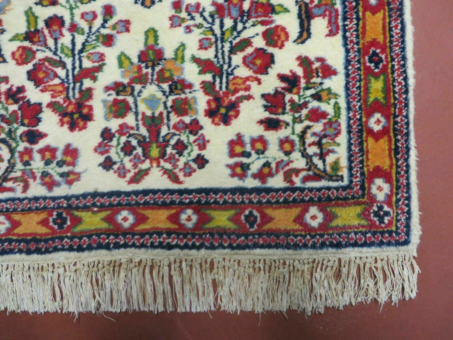 Small Persian Rug 2 x 3, Tiny Persian Sarouk Carpet, Cream Navy Blue Red, Floral Medallion, Vintage Wool Rug, Handmade Hand-Knotted Oriental Rug