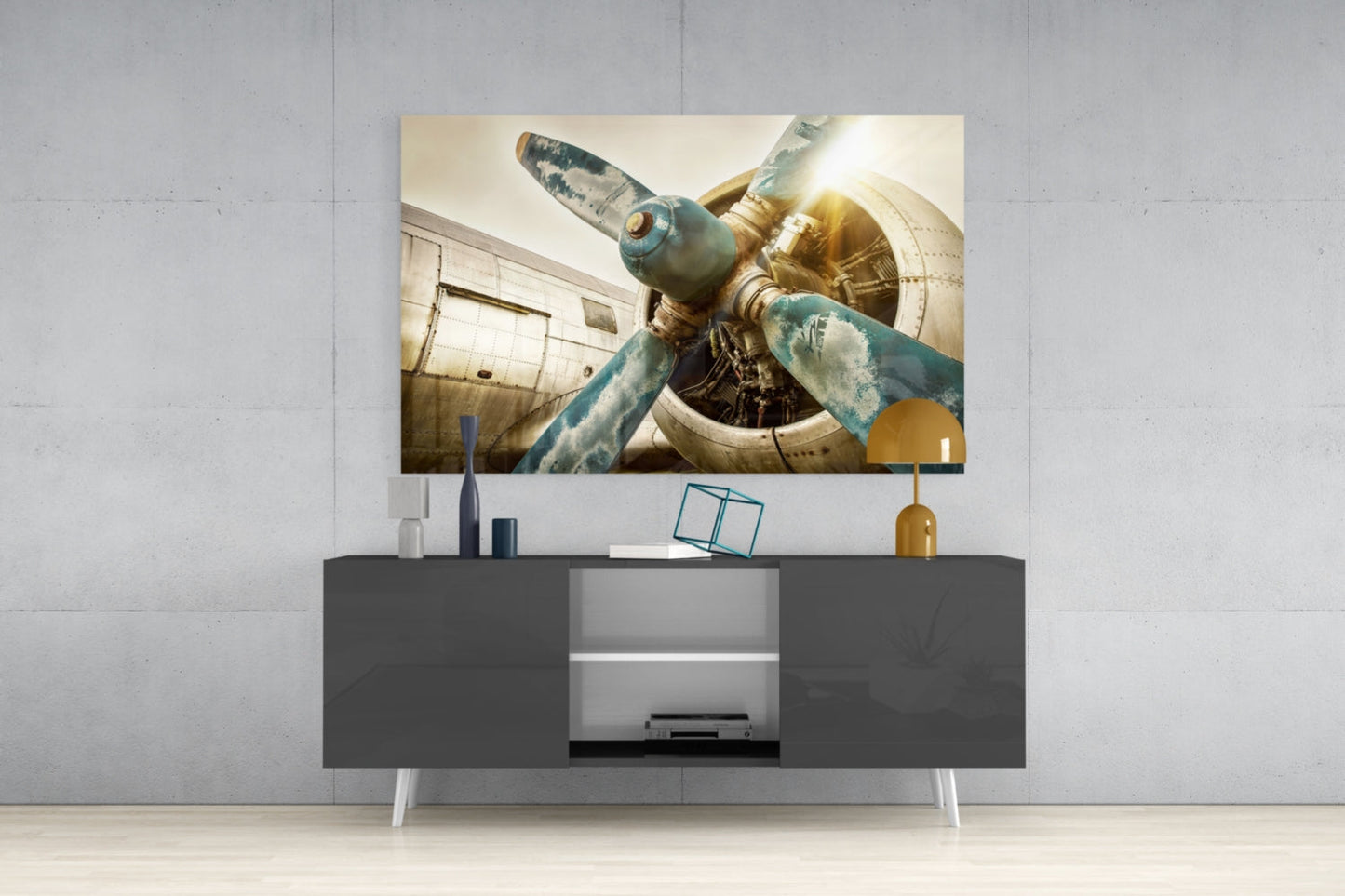 Airplane Glass Wall Art Featuring Vintage Turquoise Propeller with Amber and Chrome Accents