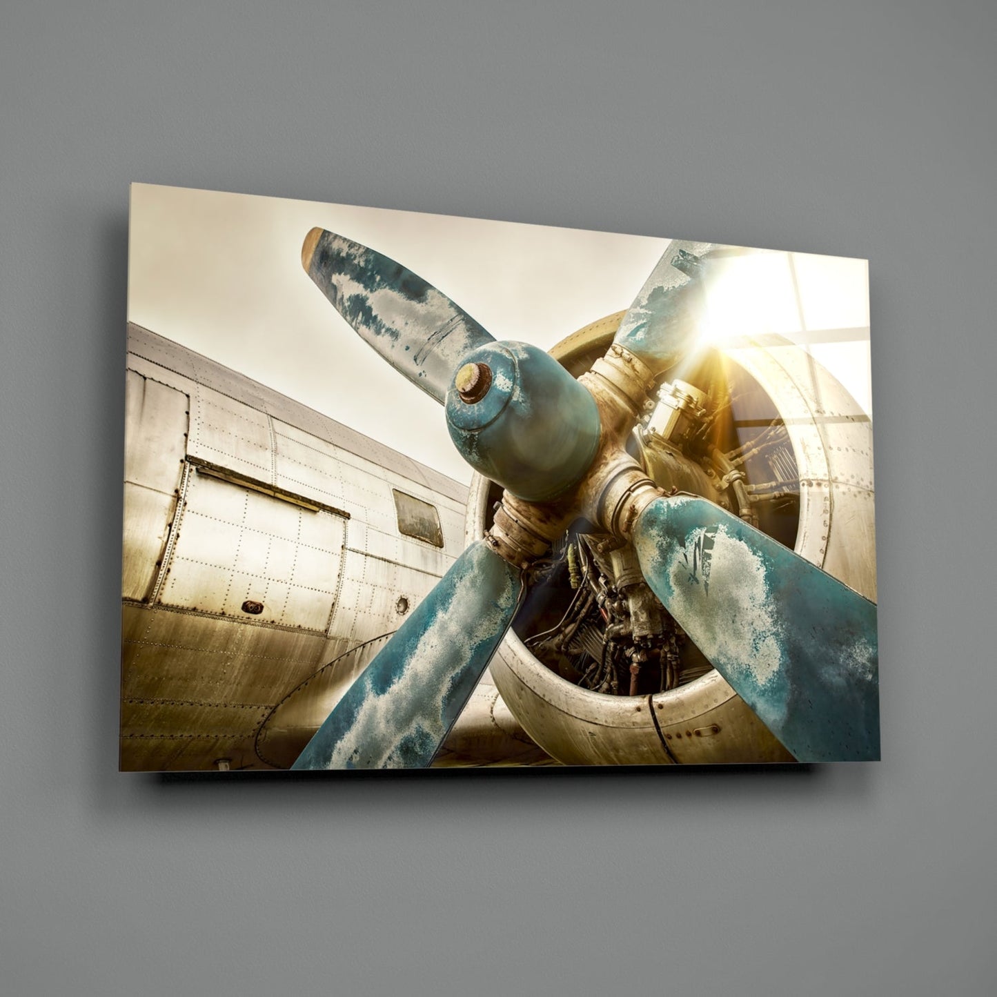 Airplane Glass Wall Art Featuring Vintage Turquoise Propeller with Amber and Chrome Accents