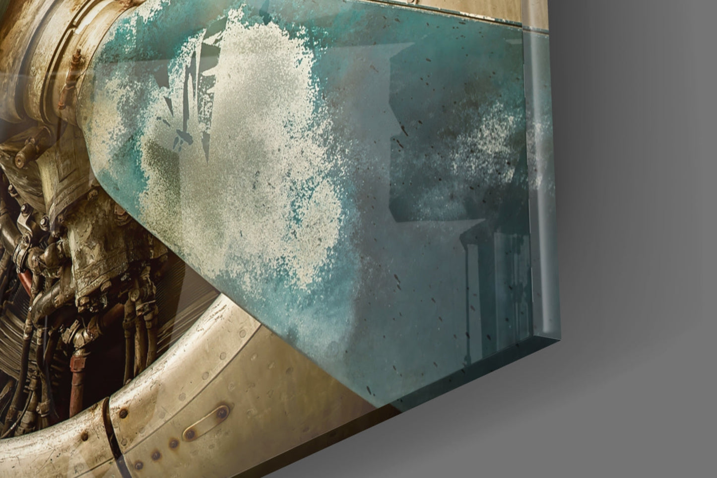 Airplane Glass Wall Art Featuring Vintage Turquoise Propeller with Amber and Chrome Accents