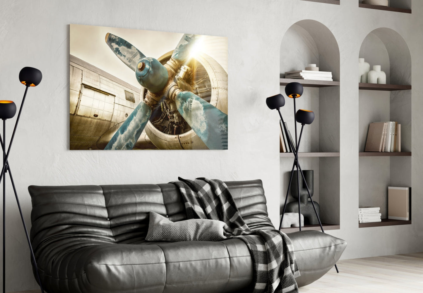 Airplane Glass Wall Art Featuring Vintage Turquoise Propeller with Amber and Chrome Accents