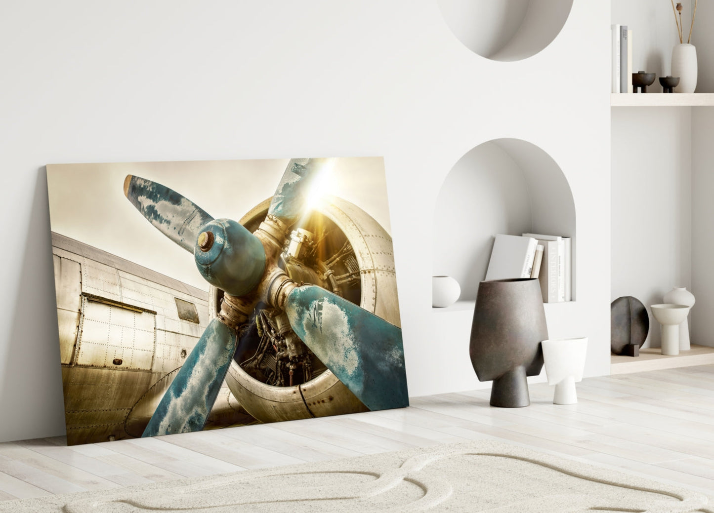 Airplane Glass Wall Art Featuring Vintage Turquoise Propeller with Amber and Chrome Accents