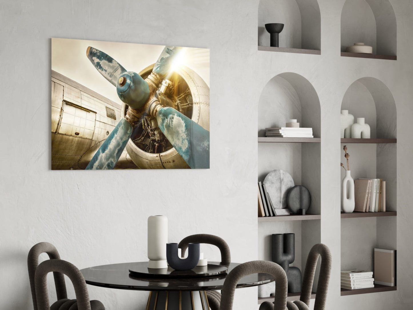 Airplane Glass Wall Art Featuring Vintage Turquoise Propeller with Amber and Chrome Accents