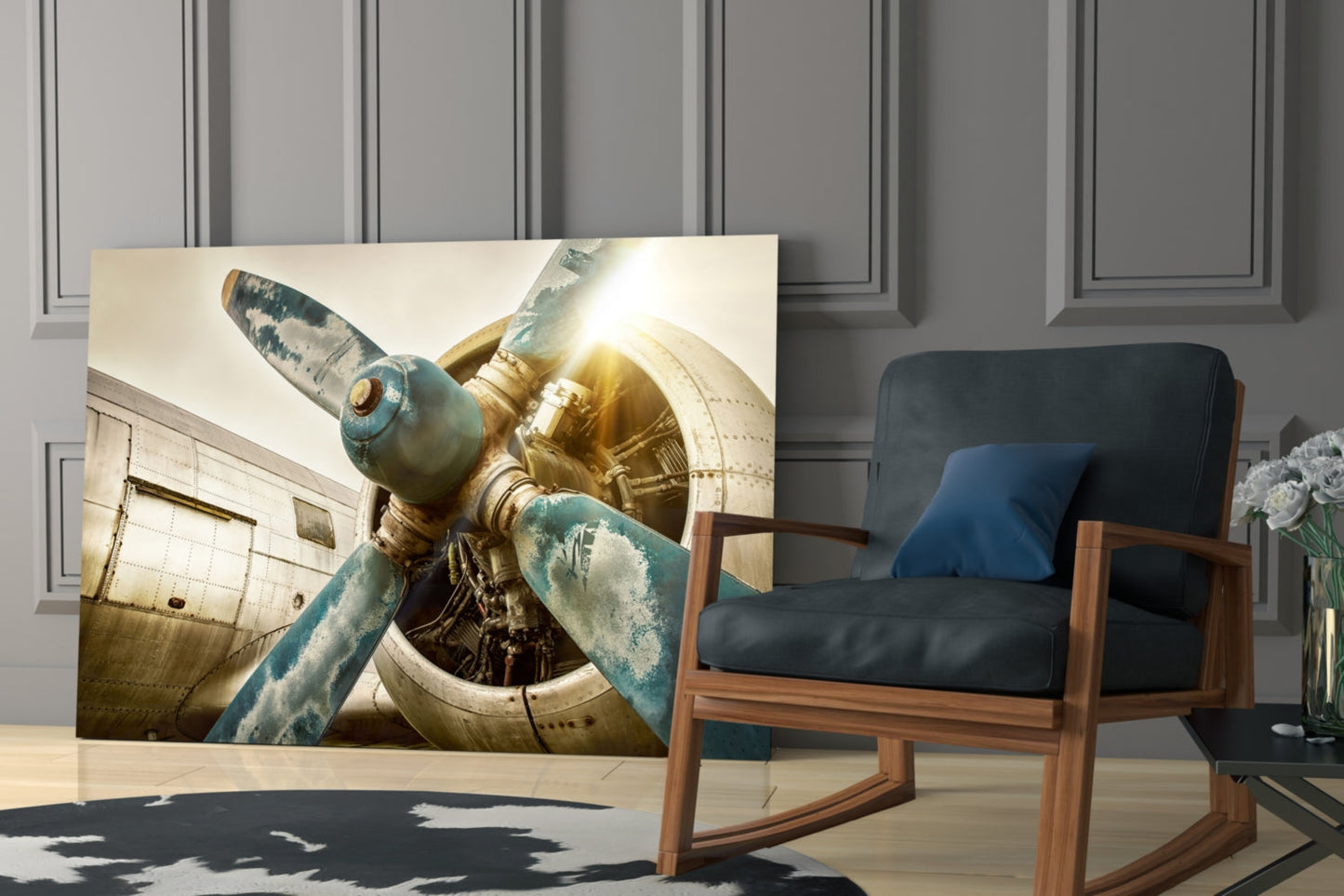 Airplane Glass Wall Art Featuring Vintage Turquoise Propeller with Amber and Chrome Accents