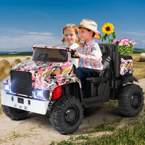 Camo Pink Ride-On Tractor with Trailer, Dump Bed, RC Control, and Bluetooth - 3 Speed Options