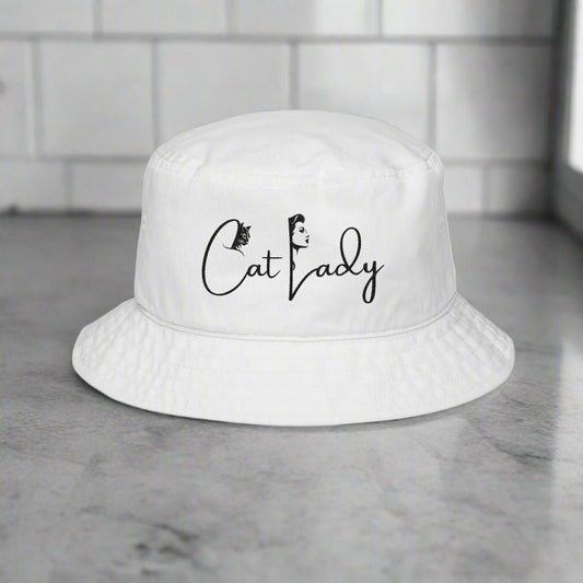 Cat Lady Bucket Hat - Embroidered White Sun Hat for Cat Lovers