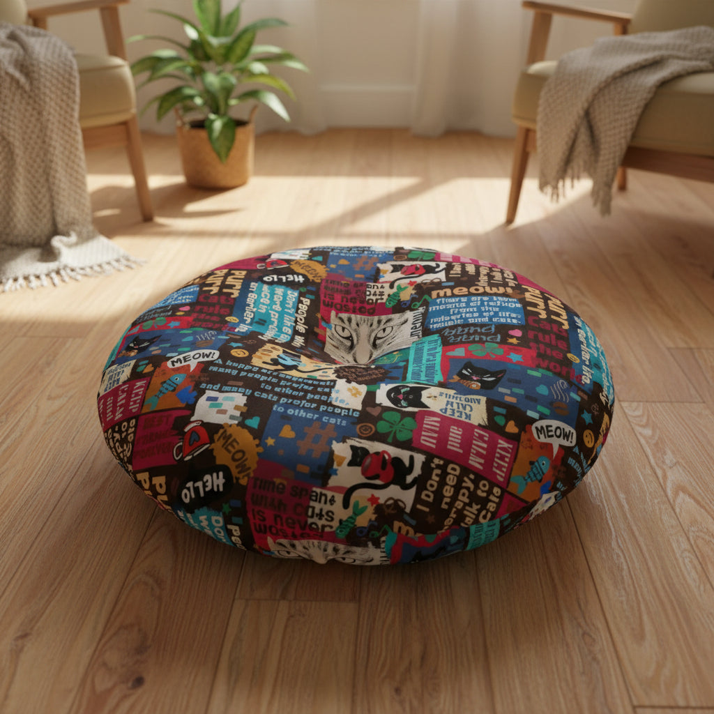 Cat Lover Tufted Floor Pillow - Round Decorative Cushion with Fun Cat Quotes