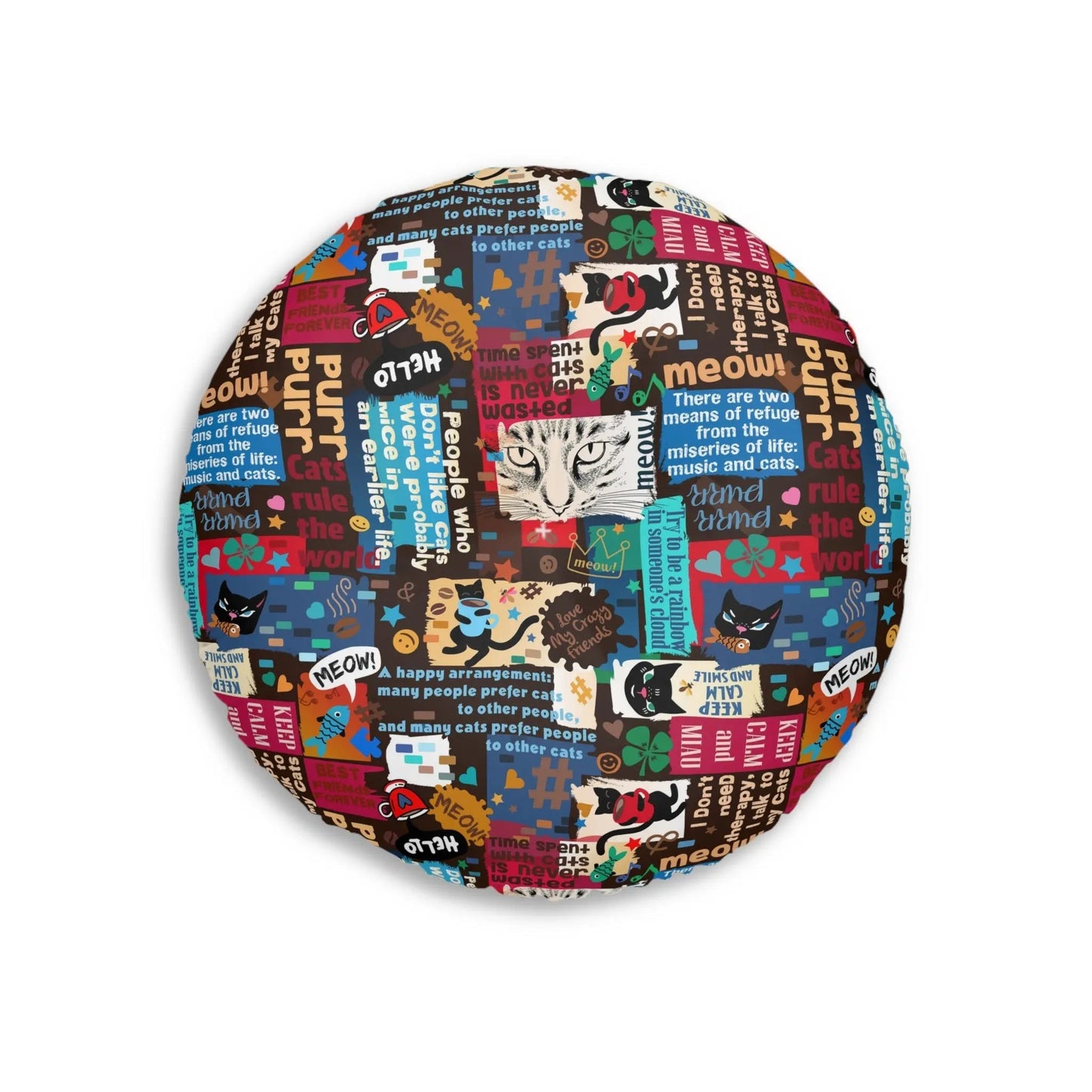Cat Lover Tufted Floor Pillow - Round Decorative Cushion with Fun Cat Quotes